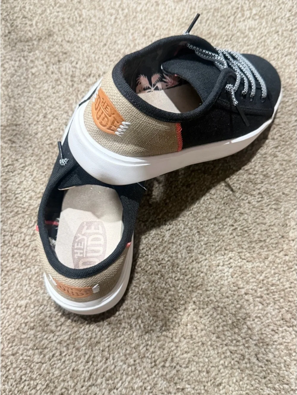 Hey Dude Black Canvas Sneakers with Tan Heel Patch and White Soles - Picture 4 of 5